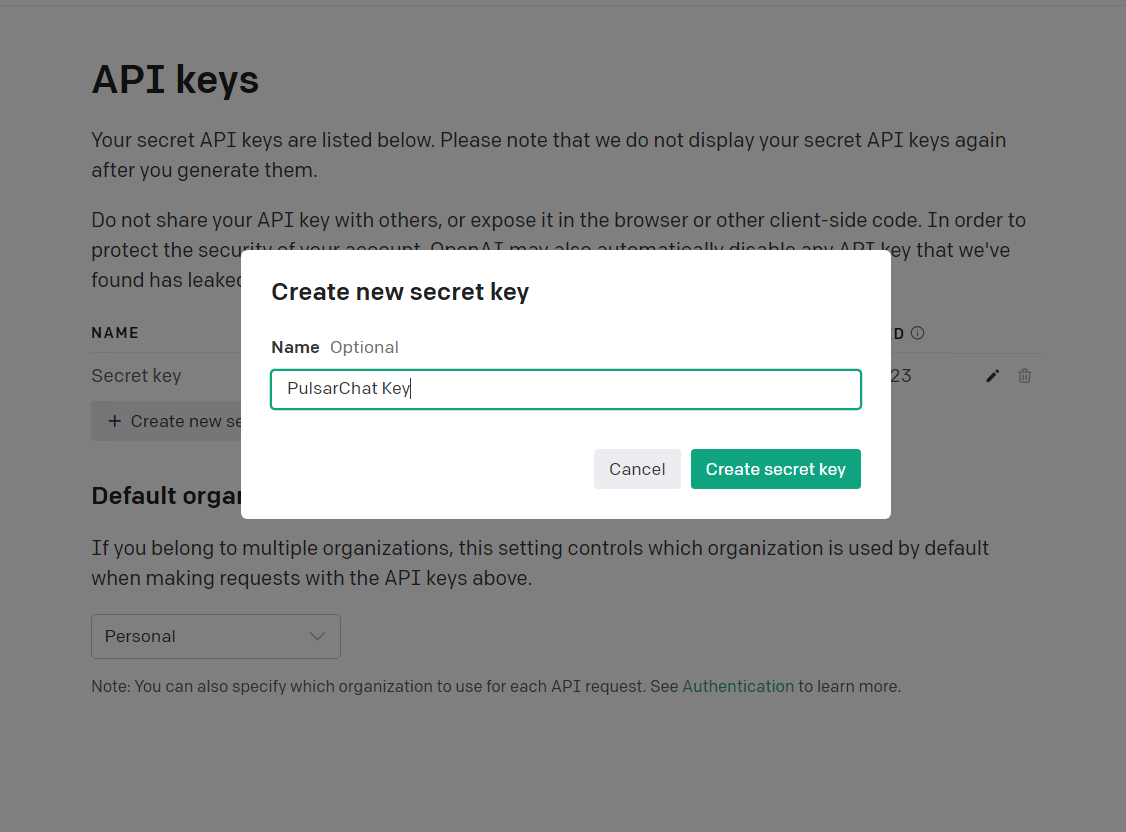Give Secret key a name popup